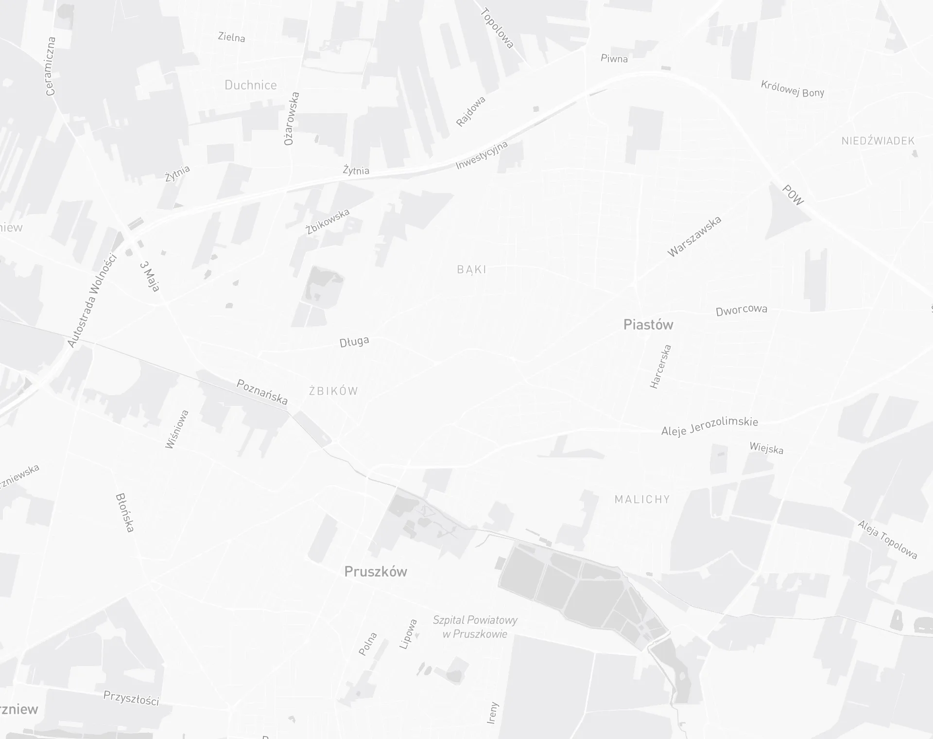 Mapa okolic Pruszkowa i Piastowa z kwaterami, bazą busów i zakładem klienta