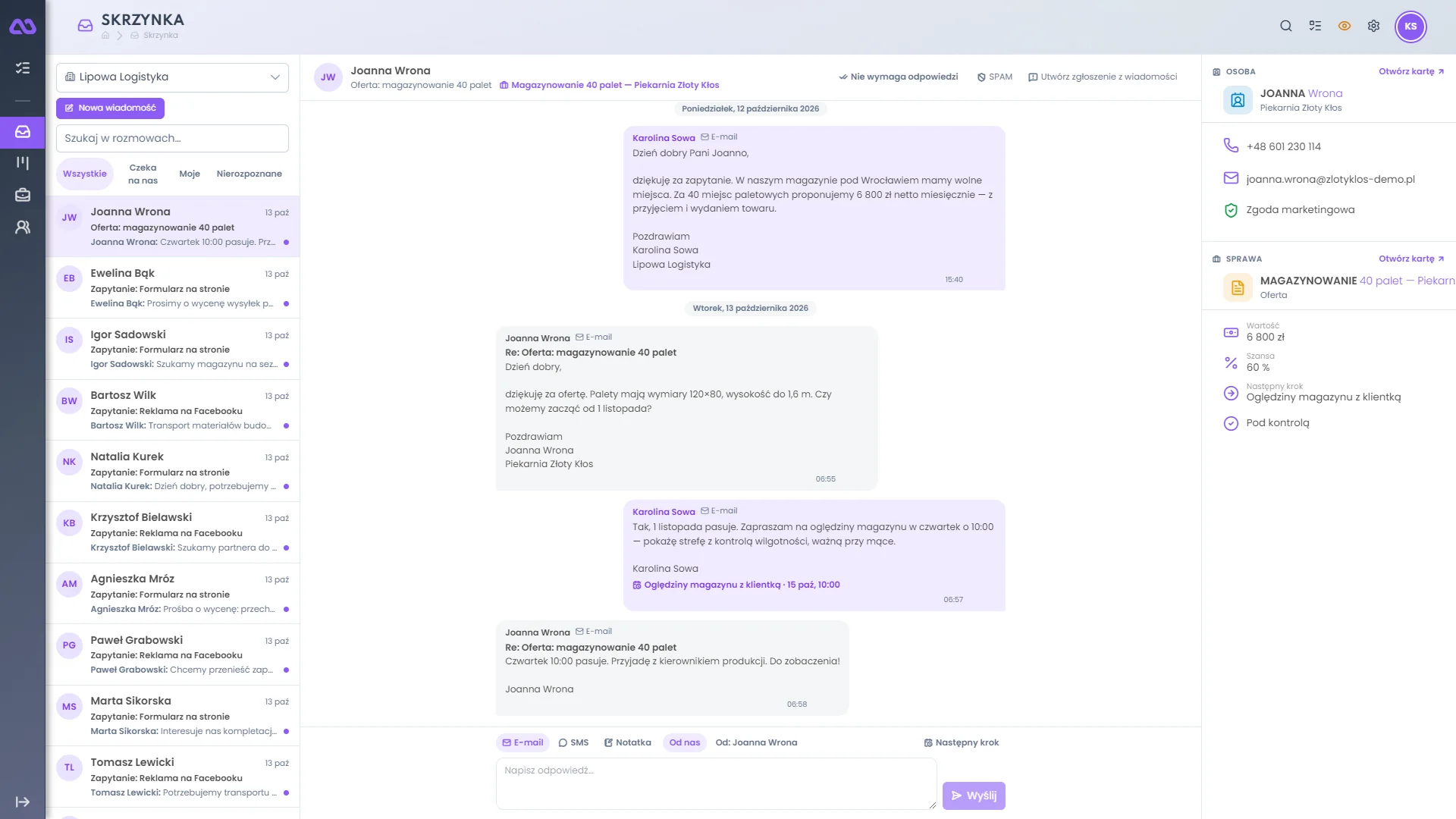 Skrzynka CRM z rozmową przy sprawie, obok karta osoby i sprawy
