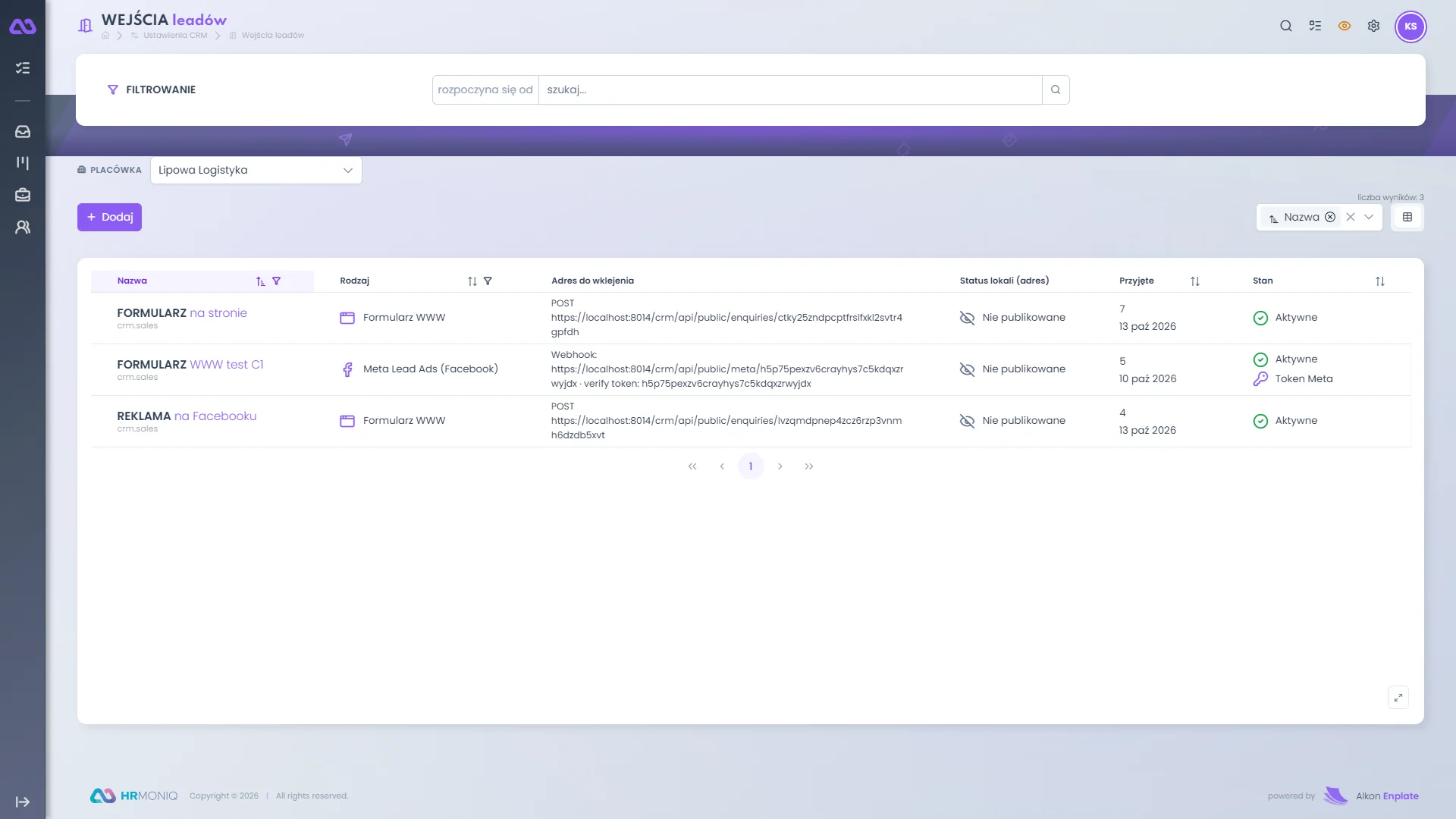 Lista wejść leadów CRM: formularz WWW i Meta Lead Ads z adresami do wklejenia