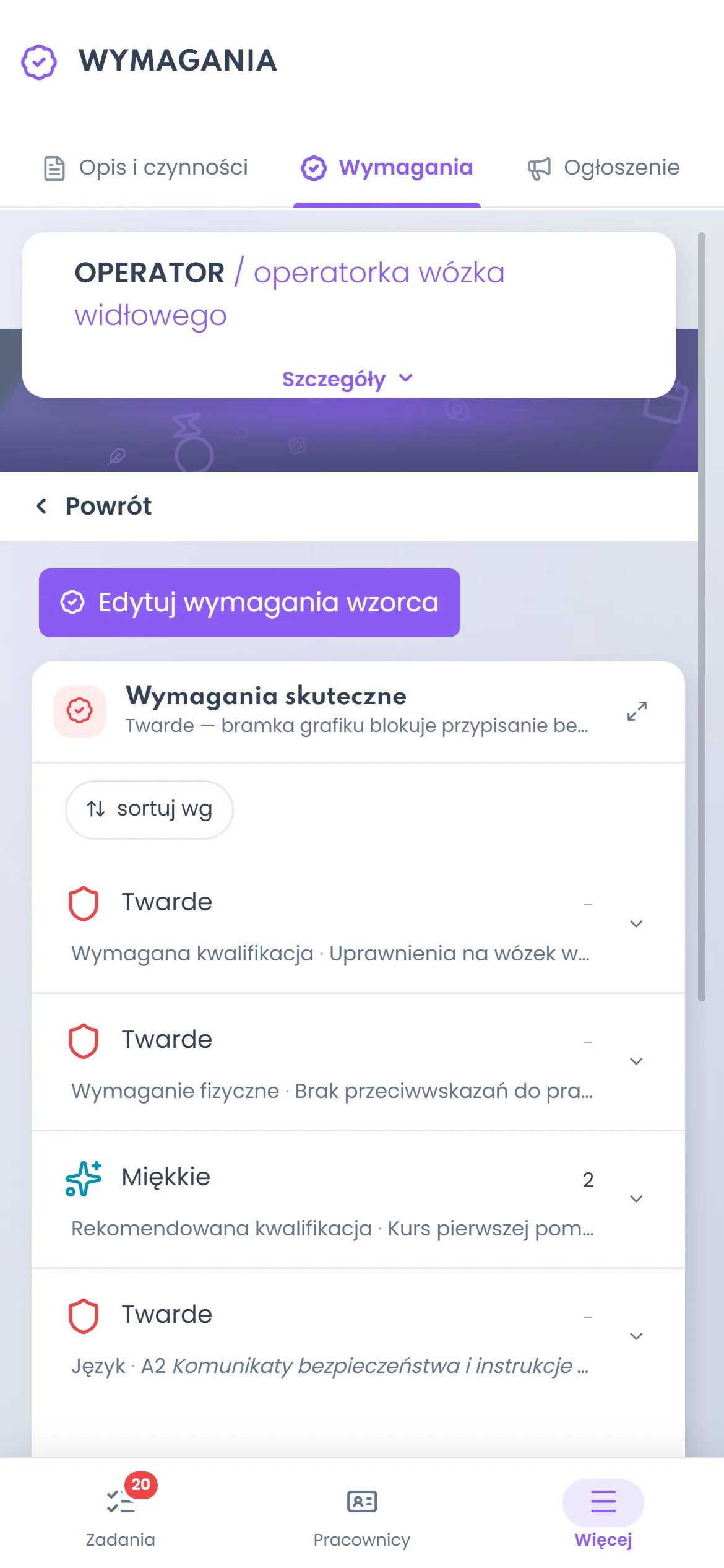 Karta stanowiska z wymaganymi uprawnieniami i poziomami
