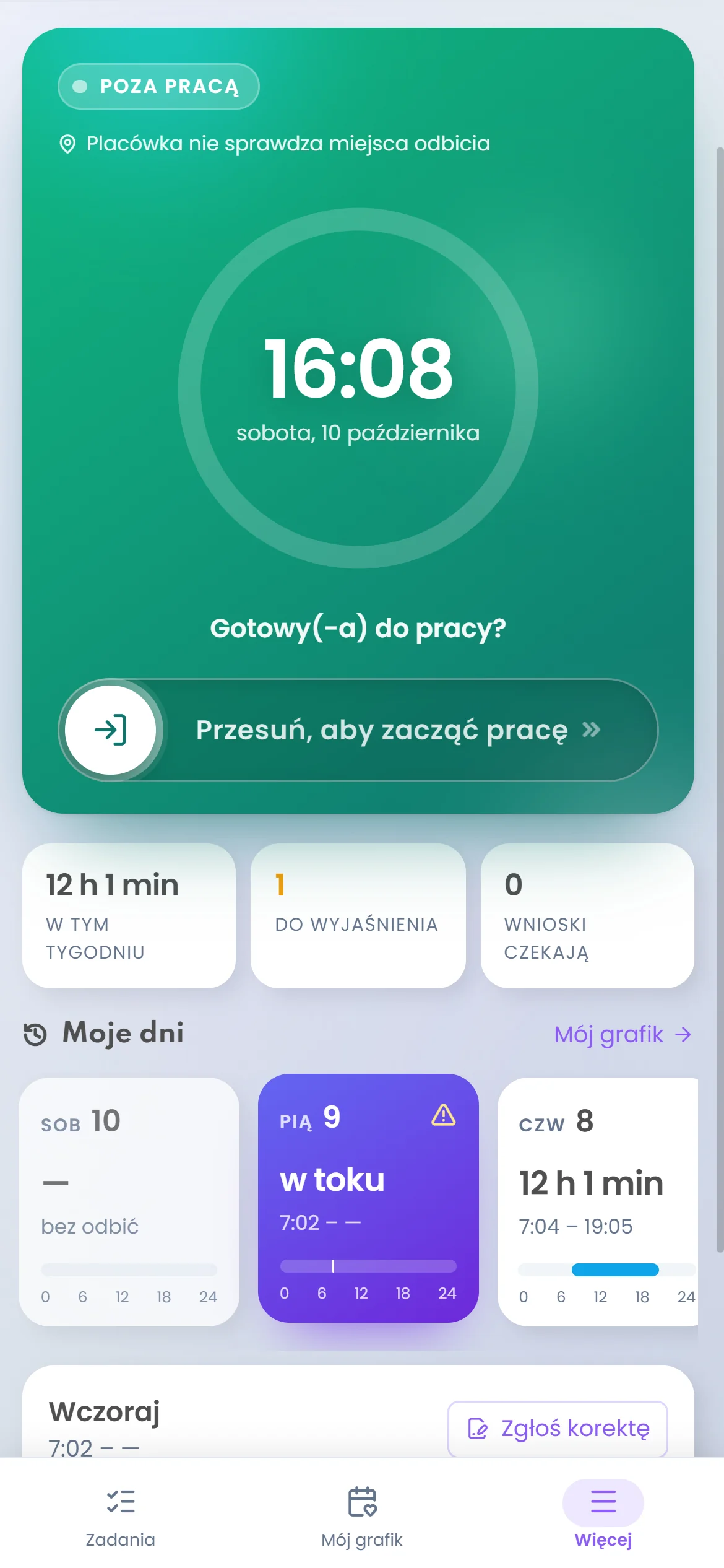 Ekran odbić z listą ostatnich dni w telefonie pracownika