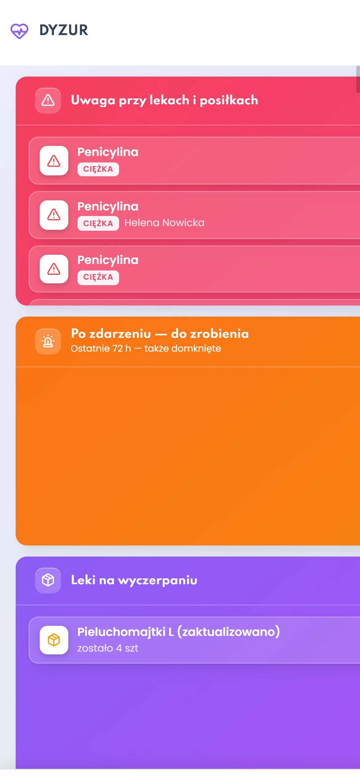 Ekran dyżuru w telefonie opiekunki z alertami przy lekach i posiłkach
