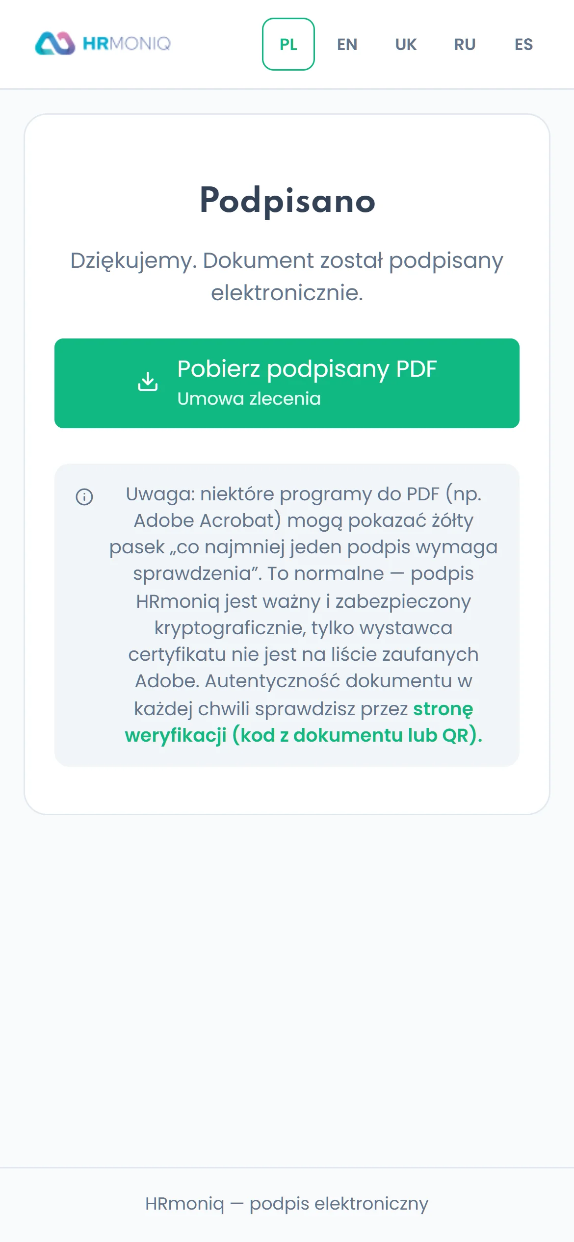 Potwierdzenie podpisania dokumentu w telefonie